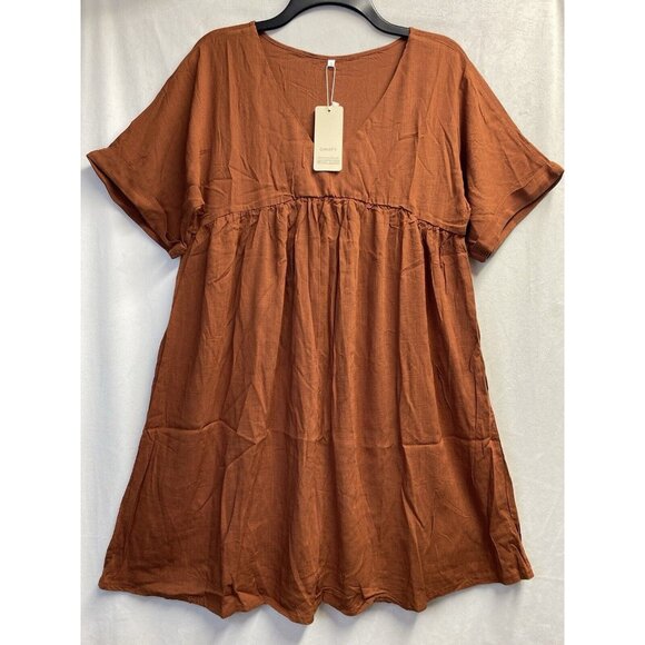 CHVITY Dresses & Skirts - CHVITY Linen Cuffed Short Sleeve V-Neck Empire Waist Dress Women Small Brown New